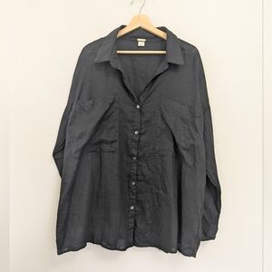 Magashoni Black Linen‎ Button Up Top Pockets Roll Tab Sleeve Minimalist XL